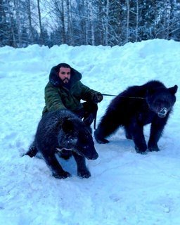 Taher with bears in the snow in Siberia